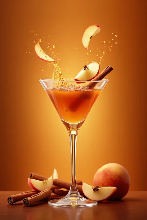A high-resolution studio photograph of a Spiced Apple Martini cocktail in a martini glass. 
The drink is golden-brown with a glo...