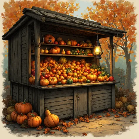 This image shows an old wooden stall filled with autumn produce, lit by an antique lantern. The illustrative style features fine...