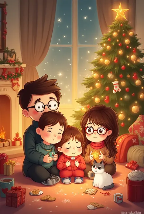 Cozy Christmas scene in cute illustration style, home interior decorated for Christmas, family at the center of the kawaiii-styl...