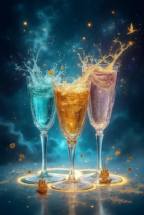 Luxury surreal art in 4:3 ratio: three crystal glasses mid-motion, splashing teal aqua and molten gold liquid into the air. The ...
