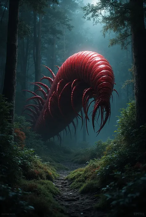 Giant red scolopendra cub in the night forest