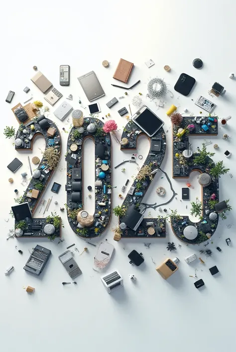 Image of varied and trending technological and household items, scattered and forming the number 2025
