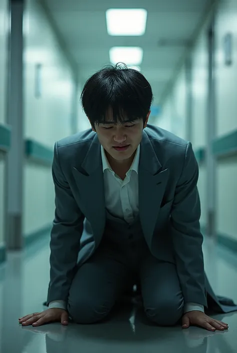 In the hospital corridor, a young man is kneeling and crying. A young Korean man wearing a beautiful He wears nice clothes 