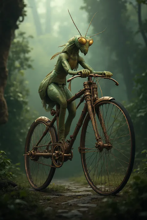A praying mantis rides a bicycle shaped like a praying mantis