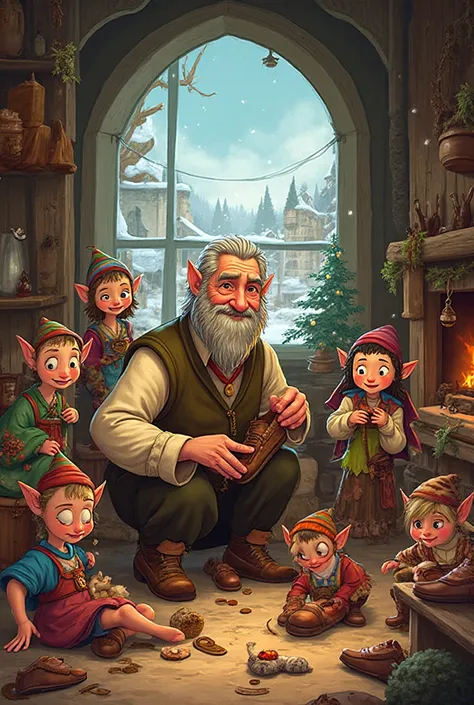 Elves and the shoe maker draw all cartoon characters
