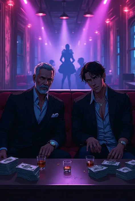 An intense anime-style scene set in a luxurious bar with neon lights glowing purple and blue. Two men sit in a VIP booth: one ol...