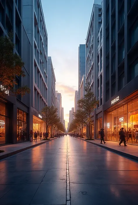 Create a wide banner image (2044x440) showing a modern American shopping street scene in the evening or late afternoon. The stre...