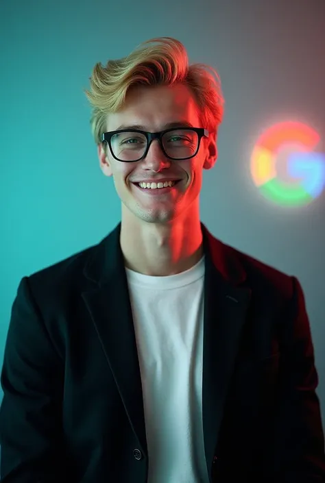 A young men with blonde hair and a confident smile he is
dress a black blazer over a white shirt and glass on
eyes A man is posi...