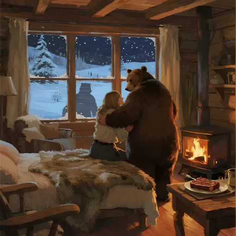 Back view of a large man and a giant brown bear, Large window with a snowy landscape,Warm Fire in the Fireplace, Log walls and c...