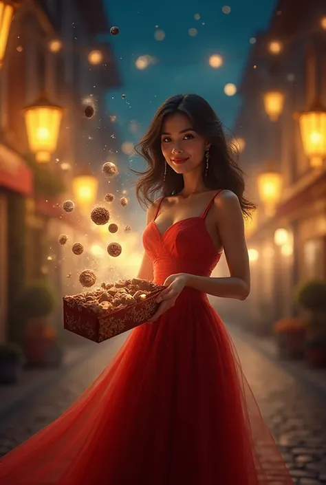 "A woman in a bright red dress and charming expression, is in the middle of a magical night square illuminated by golden lantern...