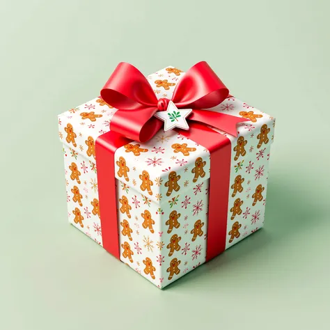 Wrapped Christmas present with patterned paper and a big ribbon bow, cute Disney-style illustration, solid pastel green backgrou...