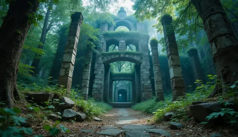 “The forest-covered ruins of Dudley, stone foundations, unnatural silence, cinematic wide shots, extremely detailed 8K realism.”