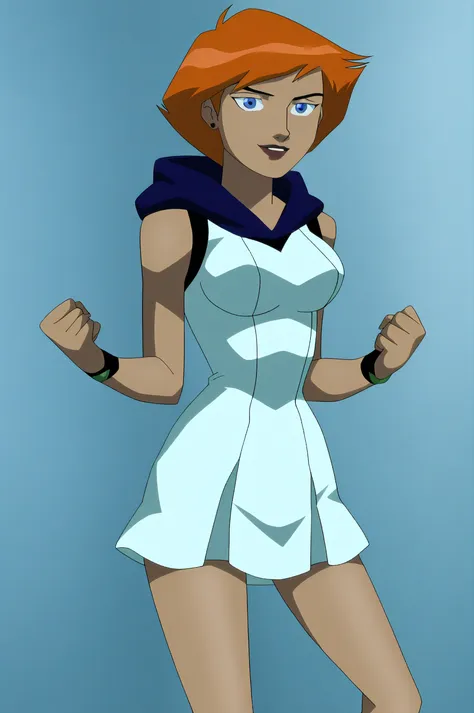 DC animated universe girl short orange hair with blue eyes and pointed fringe 
Sexy body and short skirt very short very short w...