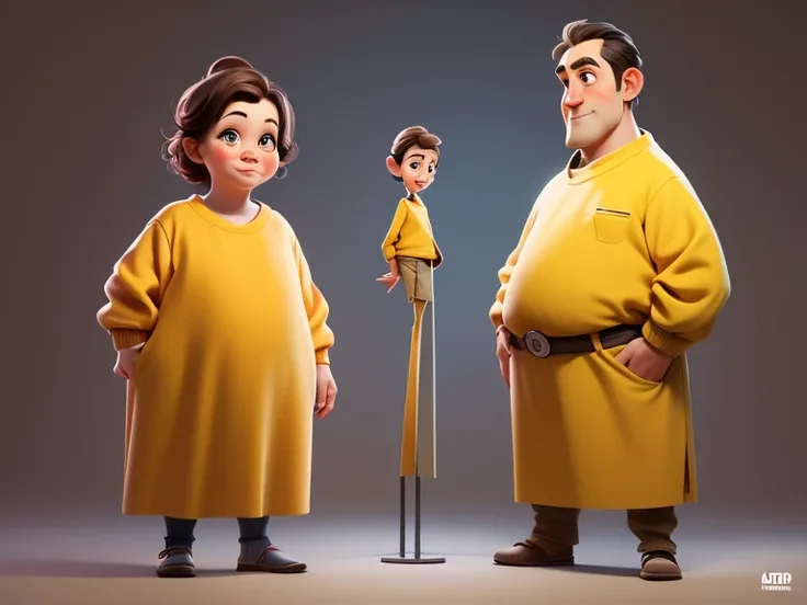 create a character art concept from three projections: parents are slim and tall in full-length pixar pullovers. Cartoon charact...