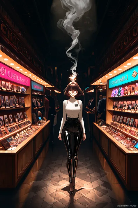 high quality, masterpiece, ultra-detailed, surreal marketplace scene, neon-lit voodoo shop interior, floating tarot cards, fashi...
