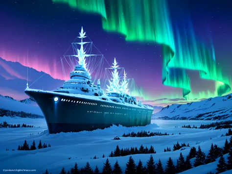 Photorealistic, Polar Research, Beautiful Researchers in Their 20s, Snow Covered Observation Ship, Green and Purple Aurora, Pola...