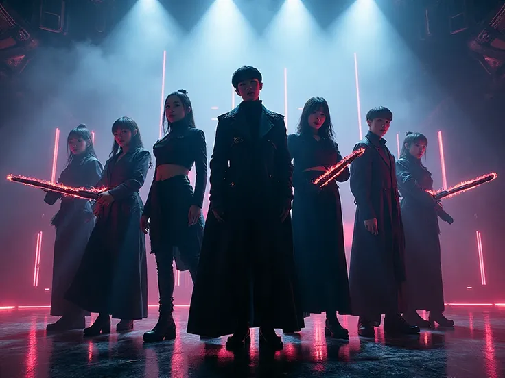 (masterpiece, best quality), K-POP demon hunter idols, futuristic stage glowing with neon lights, group of stylish K-POP perform...
