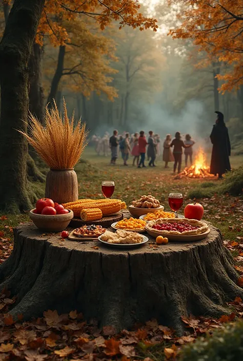 Forest Glade in autumn. Treats are placed on a huge stump: baked corn, apples, honey ,  pies , Berries, There are ears of wheat ...
