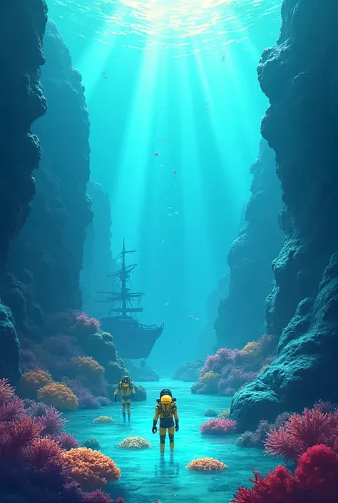 Generate me an image of the game, where there are divers in yellow spacesuits with a view from above dig corals lying on the sea...