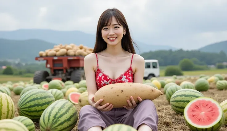 A young Asian woman sits in the center of the frame, holding a giant potato. She has fair skin and shoulder-length dark brown ha...