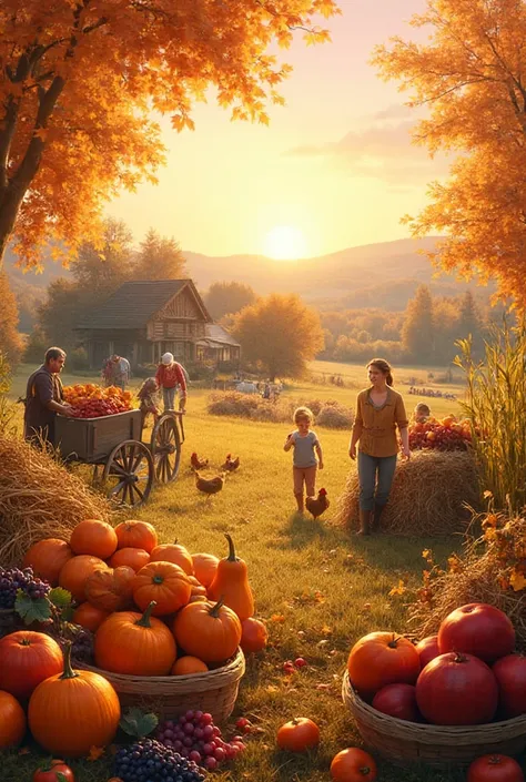 A sunny autumn day, golden leaves slowly falling from the trees. In the background, a cozy countryside farm where farmers and th...