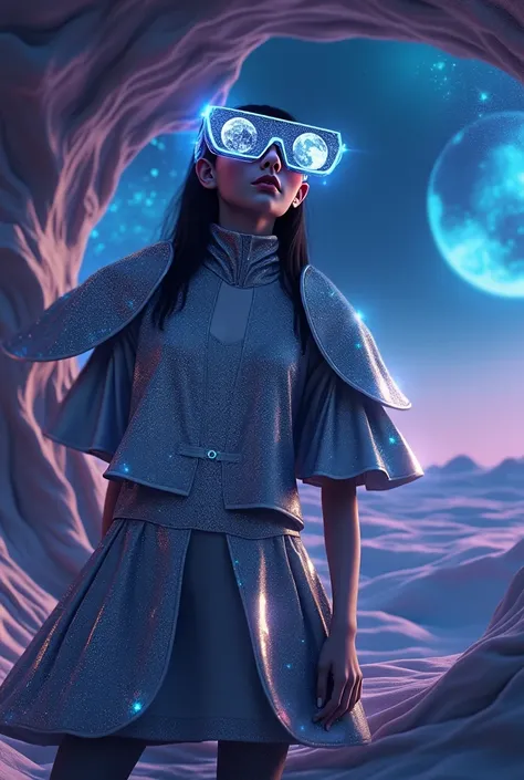 The model wears crystal sunglasses with stars and the moon in the glass