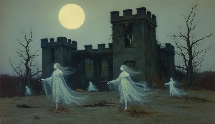 A ruined medieval castle under the moonlight, ghostly silhouettes of women in flowing gowns drifting among broken walls.