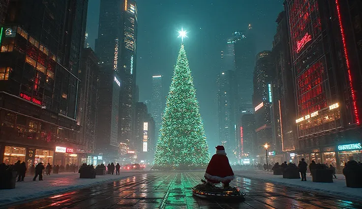 “Christmas scene in a cyberpunk city, giant holographic Christmas tree in the center, red and green neon lights reflecting on gl...