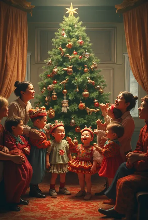 festive fun: Soviet-style New Year's interior, children in carnival costumes, Christmas tree with vintage toys, adults in funny ...