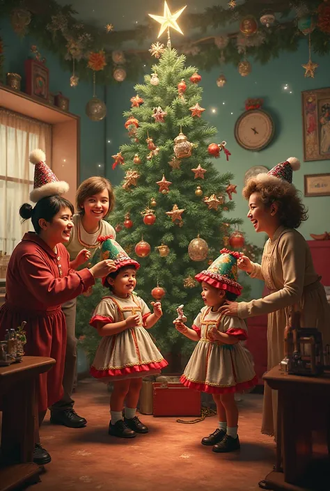 festive fun: Soviet-style New Year's interior, children in carnival costumes, Christmas tree with vintage toys, adults in funny ...