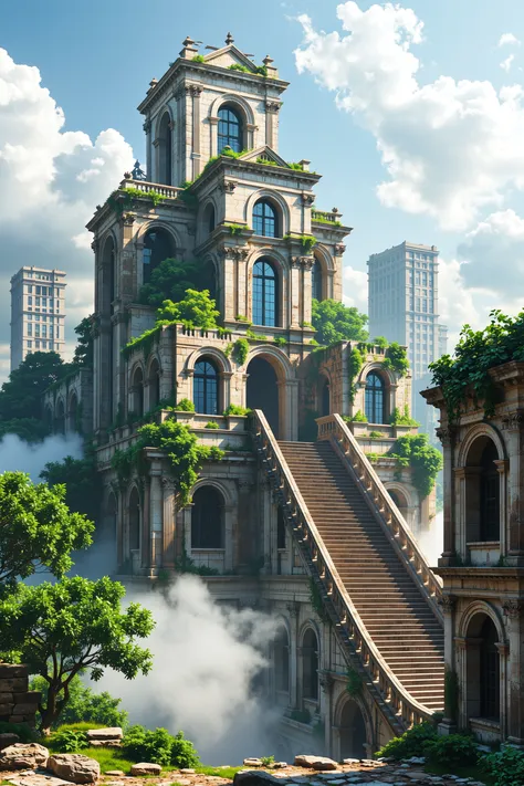 A Skyscraper City with an Overwhelming Presence, Majestic Ruined Architecture, Grand Staircase of Ruins Covered with Greenery, S...
