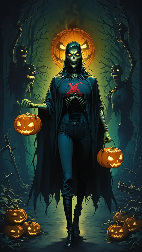 a scarecrow from dc comics, dressed in a brown canvas cloak and trousers with black shoes, holding a small pumpkin lantern in th...