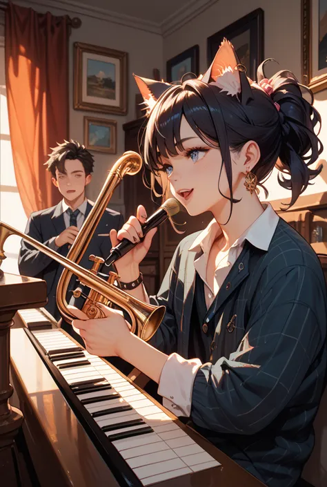 A dark-haired, cat-eared girl is naked and antics alone and is being found by a man and playing saxophone