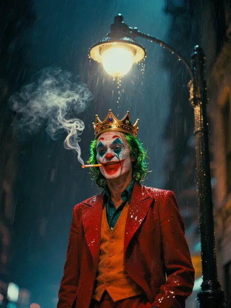 Arthur Fleck fully transformed into the Joker, standing beneath a single flickering streetlight, his red suit illuminated like a...