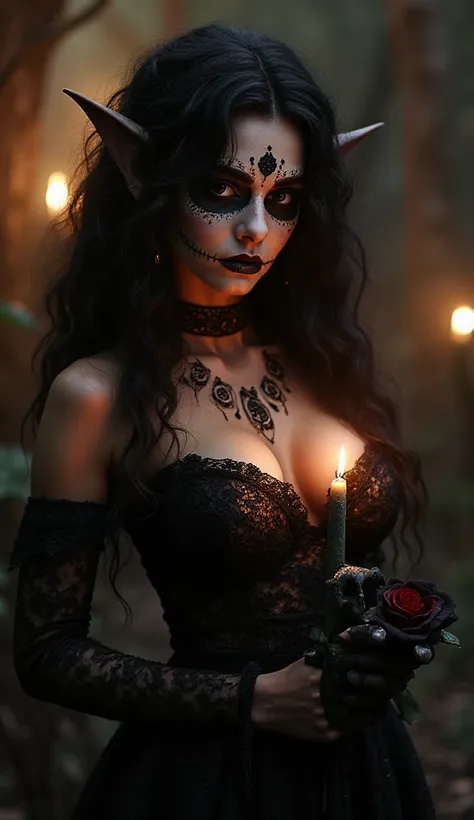 A dark-haired, curly-haired Latina elf with large breasts, dressed in a small gothic lace mixed with Day of the Dead motifs, wit...
