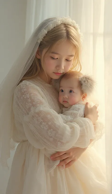 soft portrait of siblings embracing, Southeast Asian, baby koala, eternal youth, loving clasp, tender reach, blessed gratitude, ...