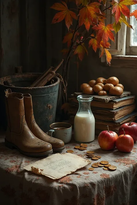 nostalgic rustic still life: old rubber galoshes with scuffs, next to the dark a bucket of crumbling potatoes, a stack of old bo...