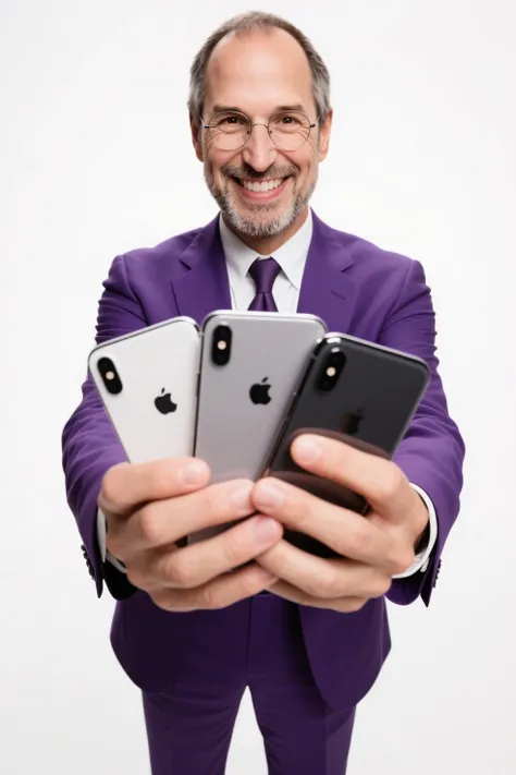 Create for me the real Stive Jobs holding 4 iPhones looking at the camera wanting to smile, He must be wearing a suit with the c...