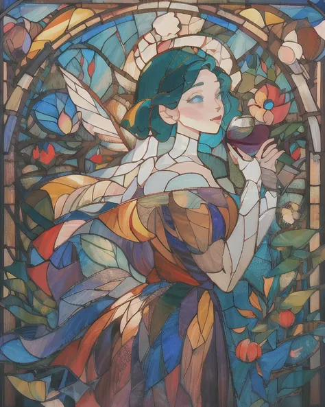 masterpiece, best quality, ultra detailed, highres, 8k,ArsMj style,stained glass,Transparency、snow white、white skin、Long Black H...