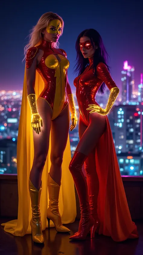 Electro Woman and Dyna Girl stand together on a neon-lit rooftop overlooking the futuristic Los Angeles skyline of 2030. Electro...