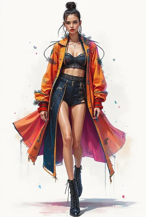un croquis top modèle des vêtements tendance 2026 combinant les couleurs de cuivre blanc bleu océan et violet  avec de motifs et...