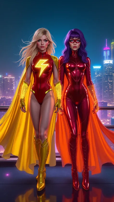 A cinematic illustration of two Caucasian superheroines standing on a neon-lit rooftop overlooking Los Angeles in 2030. Electro ...