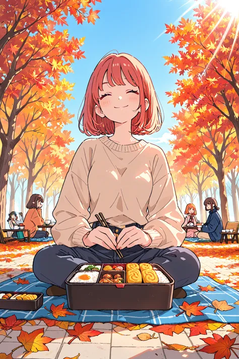 Masterpiece, High Quality, super detailed, 1 girl, anime style, autumn leaves,  autumn park, red and orange leaves,  on a clear ...