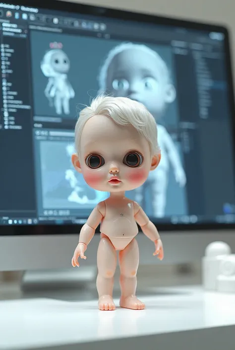 Create an image of a super realistic doll and that behind it is a computer with the doll's design