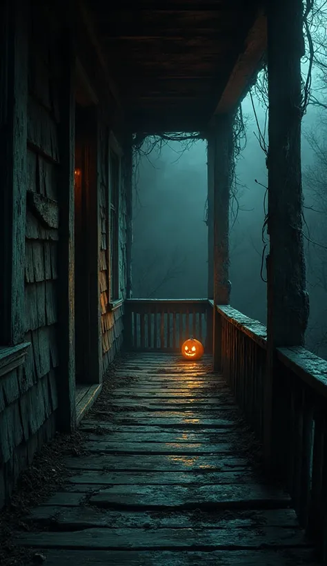 POV stepping onto cracked wooden porch, boards breaking under shoes, faint pumpkin glow in distance.