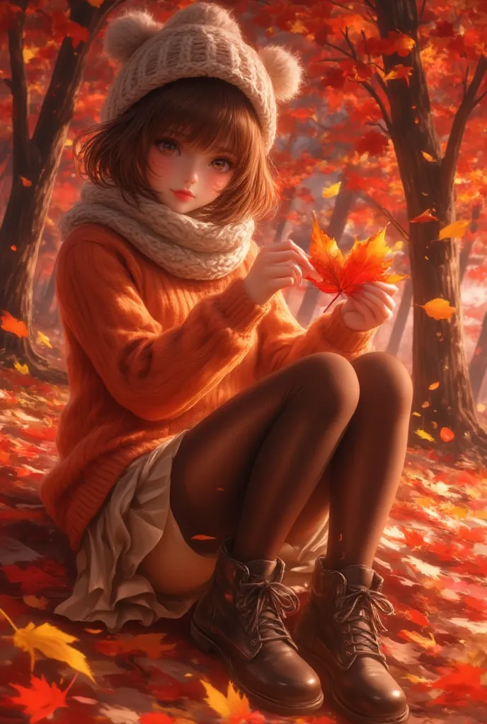 High Quality、anime style、masterpiece、autumn dusk、girl who collects fallen leaves in the park and arranges them in the shape of a...