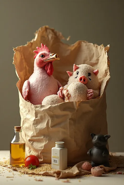 raw chicken,Crude pig, a kilo of rice and a liter of oil, and that everything is in a bag,and that says combo 