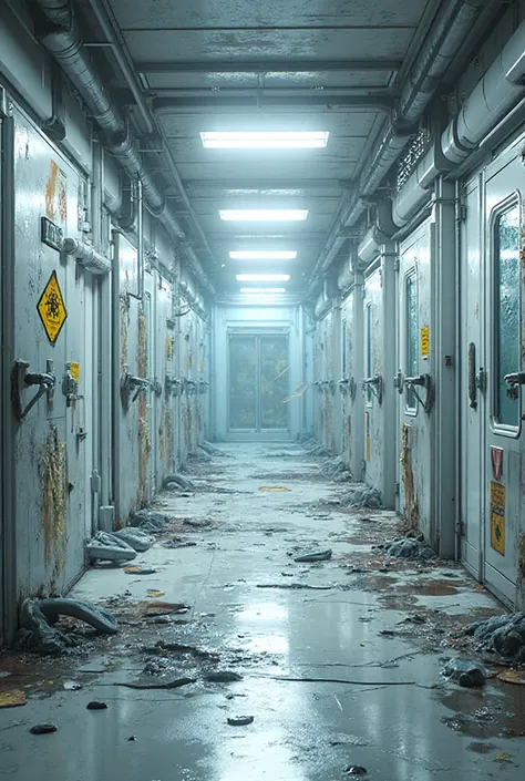 Broken containment lab room, sci-fi laboratory interior, walls with biohazard containment units cracked and leaking, damaged gla...