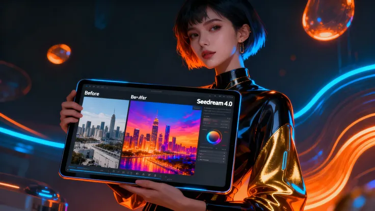 Design a high-end, futuristic digital illustration featuring a confident, stylish designer with short, fashionable hair, holding...
