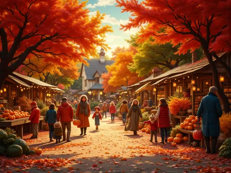 (((masterpiece, best quality, high detailed, 8k))), charming autumn village festival, community gathering with harvest decoratio...